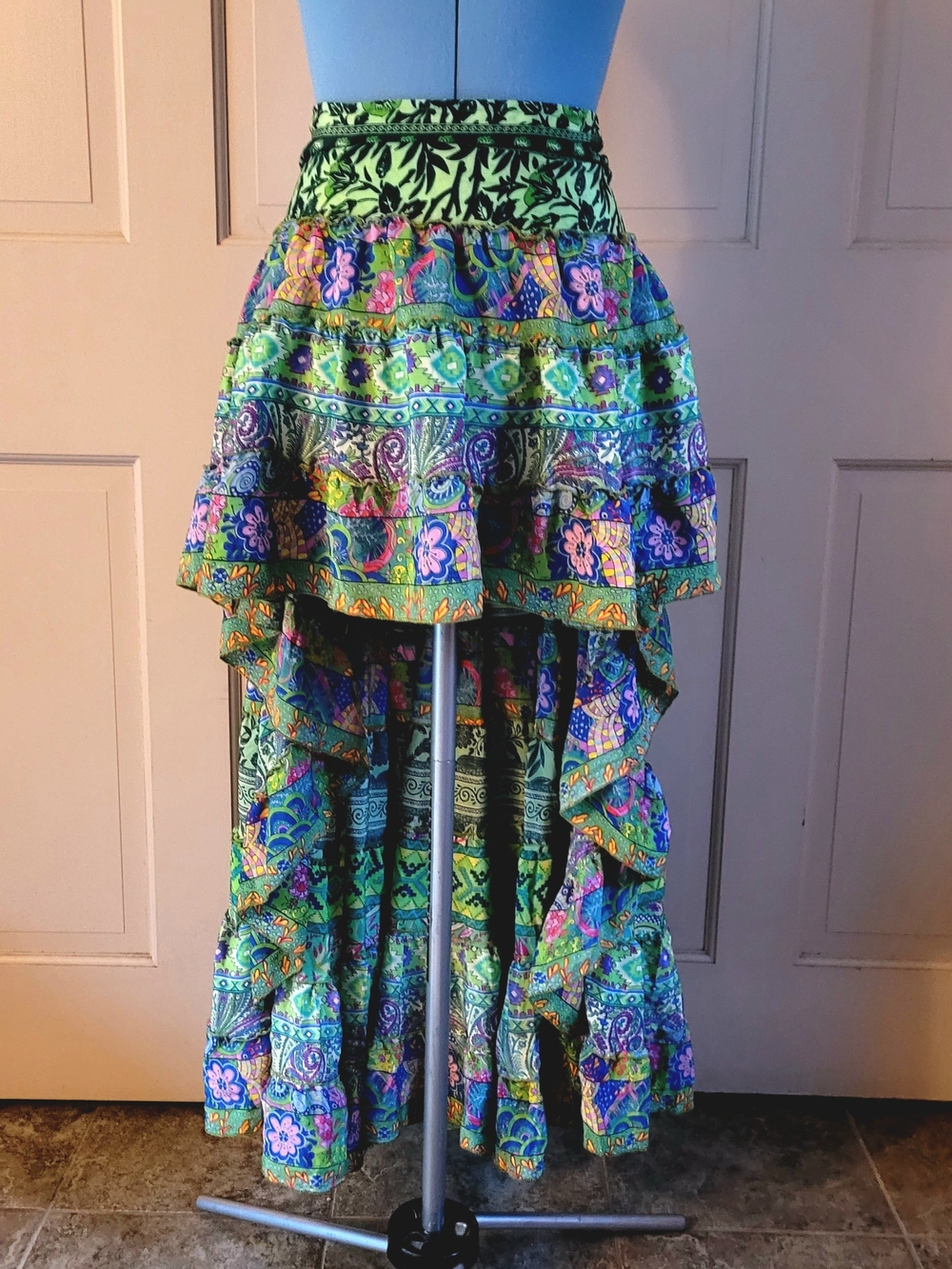 Rhea Costa Green Multi Floral High-Low Tiered Skirt